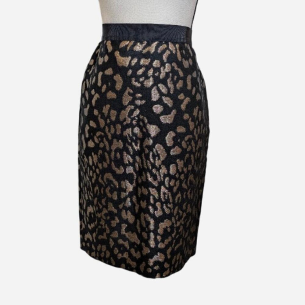 Ann Taylor Black Gold Metallic Leopard Print Jacquard Pencil Skirt Sz 10